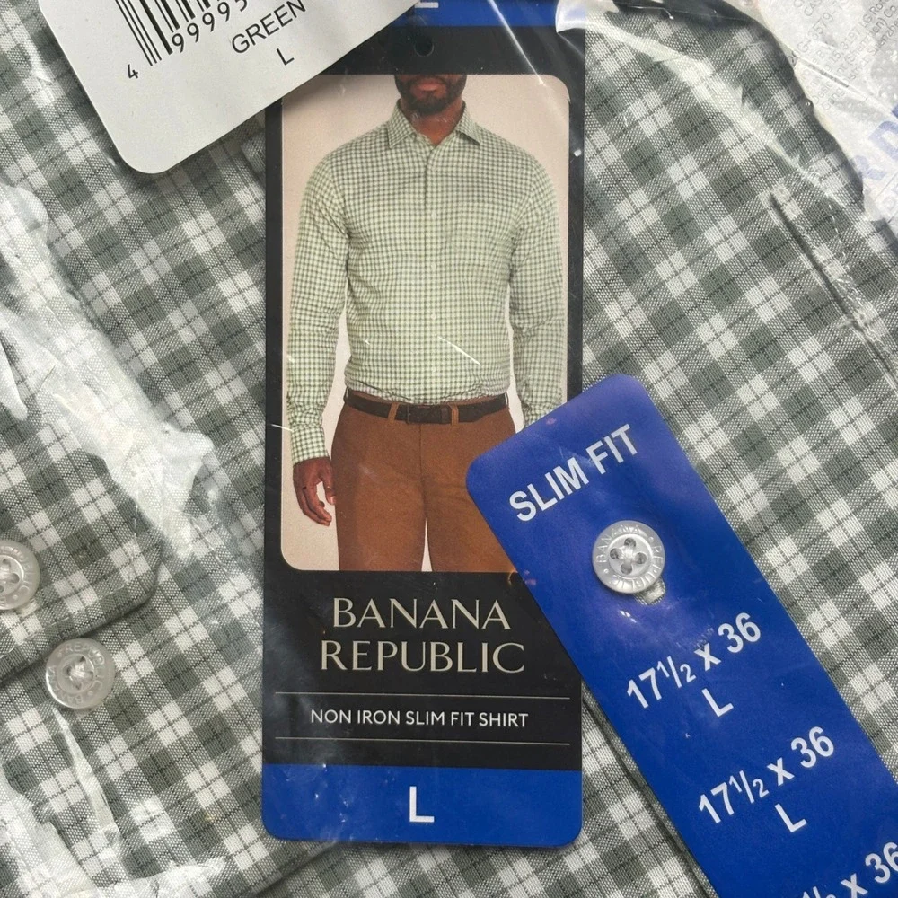 Banana Republic Mens Non Iron Slim Fit Dress Shirt Green Gingham 17.5 x 36 L